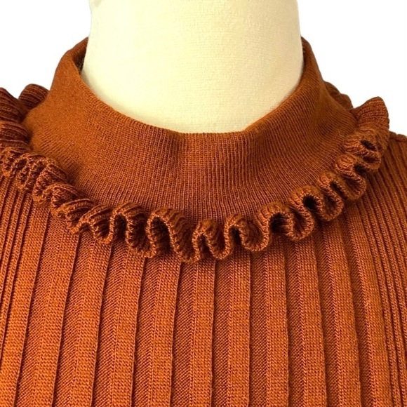ASOS Fall Rust Orange Pumpkin Ruffle Mock Neck Sweater Stretch Ribbed FALL Cozy - Picture 2 of 9
